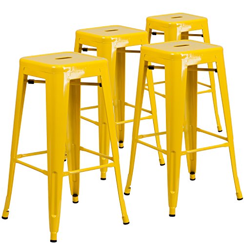 Flash Furniture 4 Pk. 30” High Backless Yellow Metal Indoor-Outdoor Barstool with Square Seat –
