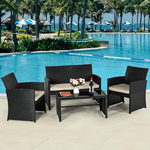 AECOJOY 4-Piece Wicker Outdoor Patio Furniture Sets Rattan Patio Conversation Furniture Sets Wicker Chair Set with Cushion for Porch Garden Poolside with Coffee Table, Black