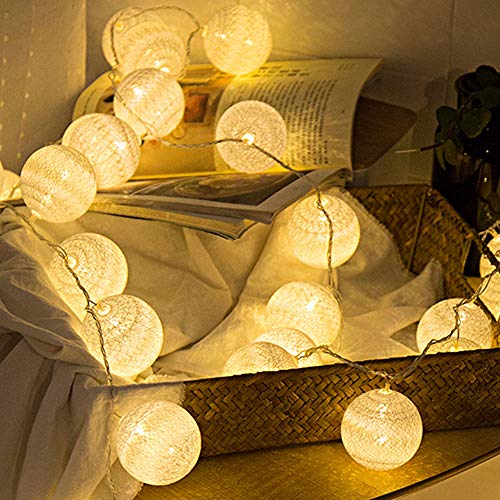 Anordsem 2 Pack Cotton Balls Fairy Lights Battery Operated 10 LEDs Wool Balls String Light 2.15M/6.56ft Warm White D (D:4.5cm/1.77inch) for Bedroom,Party,Indoor,Wedding,Festival Decor