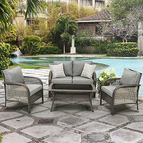Wisteria Lane Outdoor Furniture Sets – 4 Piece Patio Conversation Set Wicker Sofa with Glass Table, Grey