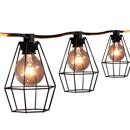 20FT Outdoor Patio String Lights with 12 Clear G40 Bulbs and 12 Vintage Metal Lamp Shades, Indoor/Outdoor Hanging Lights for Cafe Backyard Garden Porches Deck Market Pergola Garden Decor, Black
