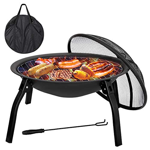 F2C 22 inch Folding Fire Pit Wood Burning Firepace BBQ Grill Steel Round Bowl w/Mesh Spark Screen Cover, Log Grate, Poker for Patio Backyard Garden Camping Traveling Picnic Bonfire