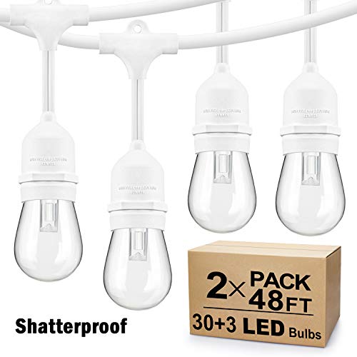 2 Pack 48Ft LED Outdoor String Lights, Dimmable Patio String Lights Waterproof, Commercial Grade&Shatterproof, With White Cords, 15 Hanging Sockets, 3 Spare Bulbs, for Backyard, Gazebo (Total 96FT)