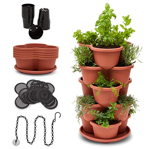 Stackable Planter Vertical Garden for Vegetables, Flowers, Herbs, Succulents, Microgreens, Gardening, 5 Tier Growing System for Indoor and Outdoor, Porch Towergarden, Hanging Planter with Starter Pots