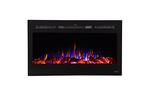 Touchstone 80014 – Sideline Electric Fireplace – 36 Inch Wide – in Wall Recessed – 5 Flame Settings – Realistic 3 Color Flame – 1500/750 Watt Heater – (Black) – Log & Crystal Hearth Options