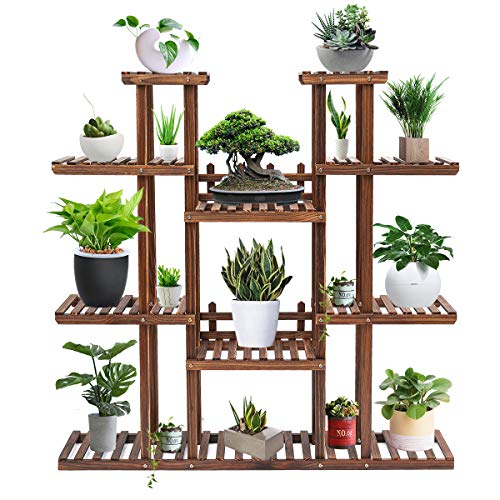 Tooca Plant Stand Wood Indoor, Multi-Tier, 47-inch Height, Stylish Plant Shelf Steady Vertical Outdoor, Tiered Plant Ladder, Display Storage Rack, Carbonized, with 3 Gardening Tools
