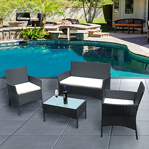 Across-US 4 Pieces Rattan Patio Set Wicker Garden Furniture Table and Chairs Conversation Outdoor Black