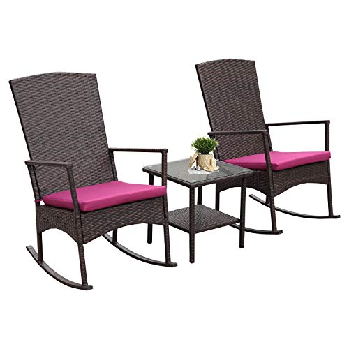 Rattaner Outdoor 3 Piece Wicker Rocking Chair Set Patio Bistro Set Conversation Furniture -2 Rocker Chair and Glass Coffee Side Table-Mix Brown Rattan& Wine Red Cushion