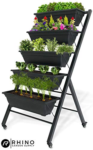 Vertical Raised Garden Bed, Tiered (29″ Long x 26″ Wide x 51″ Tall) – Locking Wheels for Easy Planter Mobility – 5 Food Safe Flower Boxes – Cascading Water Drainage – Freestanding Indoor/Outdoor Kit