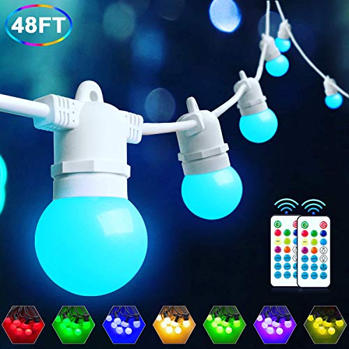 Mlambert Color Changing LED Outdoor String Lights & Warm White 48FT, Dimmable LED RGB Patio Lights String with 15+3 G45 Shatterpoof Edison Bulb, Waterproof Café Lights White Wire with Remote Control