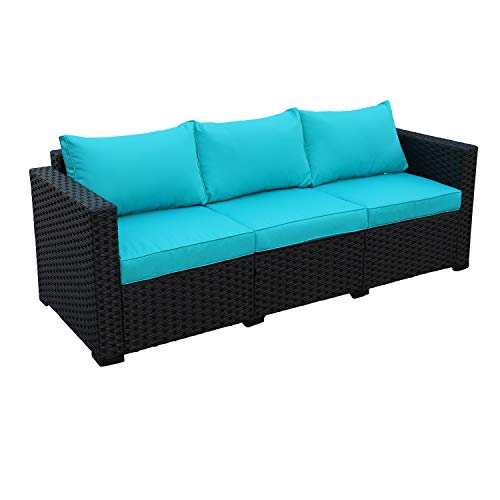 Patio PE Wicker Couch – 3-Seat Outdoor Black Rattan Sofa Furniture with Turquoise Cushion