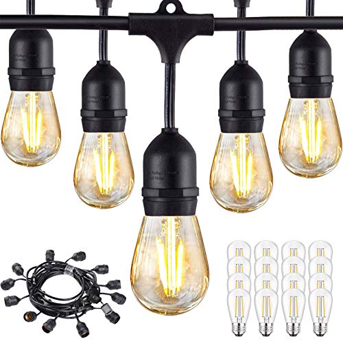 BRIGHTSHOW 48FT LED Outdoor String Lights Waterproof Dimmable 15PCS 2W Vintage Edison Glass Bulbs Commercial Grade Patio Light Create Cafe Ambience in Your Backyard (48FT)