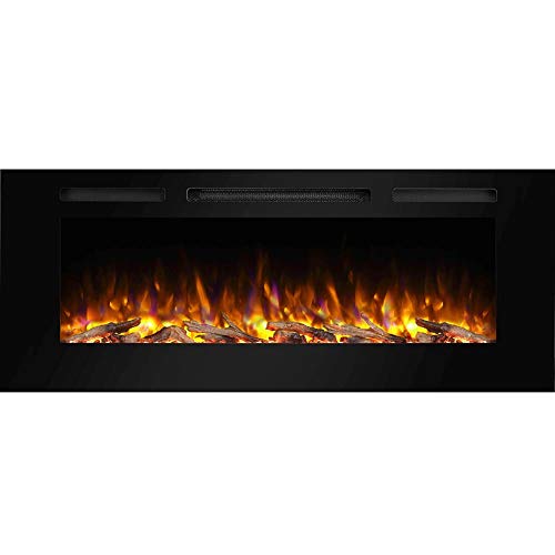 PuraFlame Alice 50 Inches Recessed Electric Fireplace, Wall Mounted for 2 X 6 Stud, Log Set & Crystal, 1500W Heater, Black