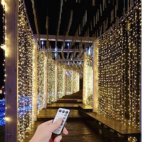 SZXKT UL Safe 300 LED 9.8FT Linkable Curtain Lights Icicle Lights Fairy String Lights with 8 Modes for Christmas Wedding Party Family Patio Lawn Decoration (Warm White)