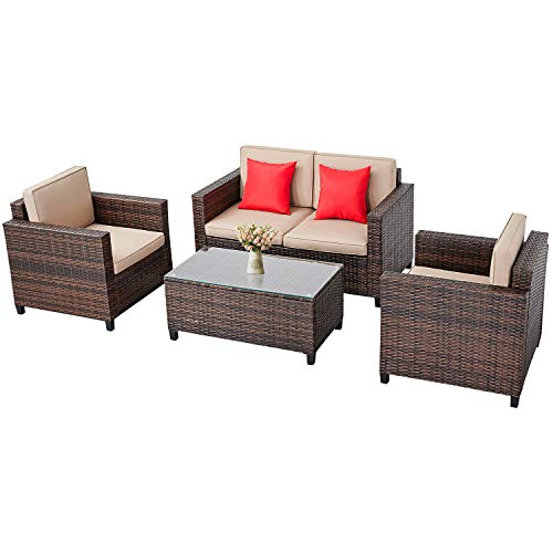 SUNCROWN Outdoor Patio Furniture 4-Piece Conversation Set All-Weather Wicker, Thick, Durable Cushions with Washable Covers, Porch, Backyard, Garden