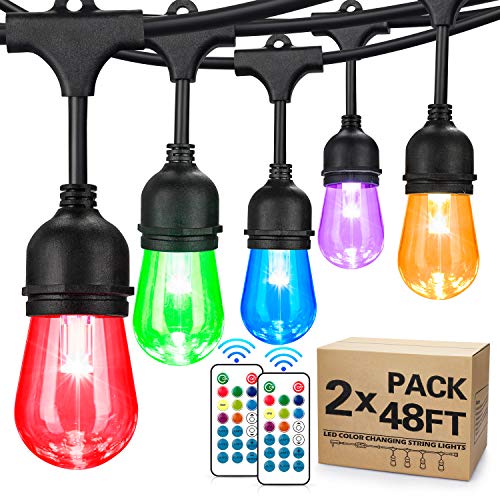 2-Pack 48FT Color Changing Outdoor String Lights, RGB LED String Light with 30+5 S14 Edison Bulbs Dimmable, Waterproof & Shatterproof for Patio, Cafe, Backyard and Garden, 3 Remote Controls, 96FT