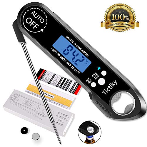 Tictiky Instant Read Meat Thermometer-Waterproof Ultra Fast Digital Food Cooking Thermometer with Backlight, Magnetic & Calibration, Best Digital Thermometer for Kitchen Outdoor BBQ and Grill-Black