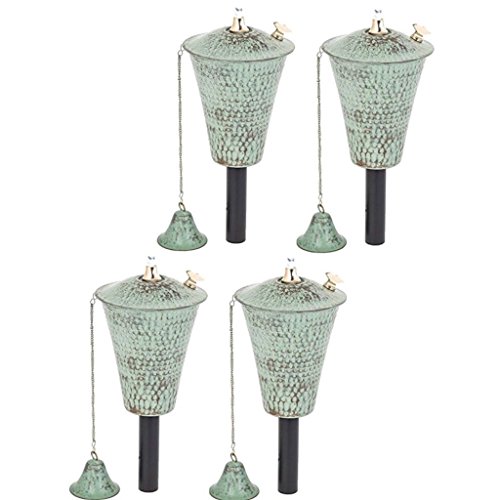 Kona Outdoor Tiki Style Torch – Elegant Oil Lamp Includes Matching Snuffer, Fiberglass Wick and 54″ Metal Pole – Easy Set Up as Landscape Lighting or Simple Garden Decor, 4 Pack (Hammered Patina)