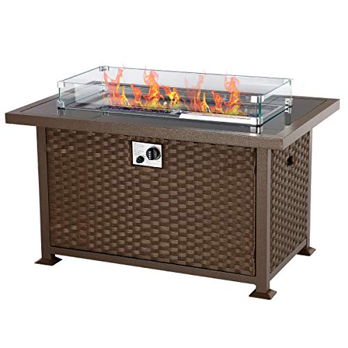 U-MAX 44 inch Outdoor Auto-Ignition Propane Gas Fire Pit Table, 50,000 BTU CSA Certificate Gas Firepit, Aluminum Fame, Wicker PE Rattan with Glass Wind Guard,Tempered Tabletop & White Arctic Gla，Brown