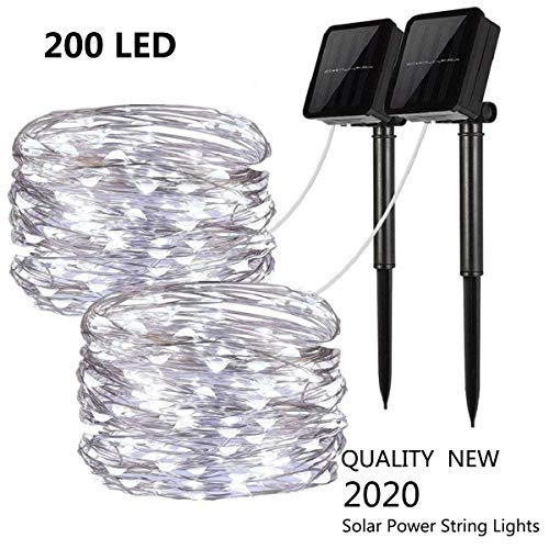 Upgraded Solar Powered String Lights, 2 Pack 8 Modes 200 LED Solar Fairy Lights Waterproof 66ft Silver Wire Lights Outdoor Garden String Lights for Home Patio Yard Party Decorati(200 LED, Cool White)