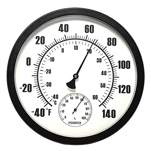 davidwindal Temperature Hygrometer Indoor or Outdoor Hygrometer – Humidity Sensor for Porch, Patio, Pool Area, Garden and More Black 10″ Thermometer with Humidity Gauge Large Numbers
