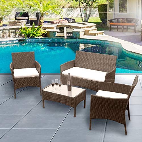 Panana Outdoor Patio Furniture 4 Pieces Rattan Patio Set Wicker Garden Furniture Table and Chairs Conversation Outdoor Brown