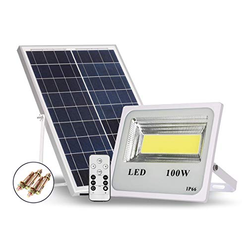 Solar Flood Lights Outdoor – A Plus 100W Solar Powered Street Light, 120 LEDs 6000 Lumens Waterproof IP66 with Remote Control Security Lighting for Yard, Garden, Gutter, Swimming Pool, Path