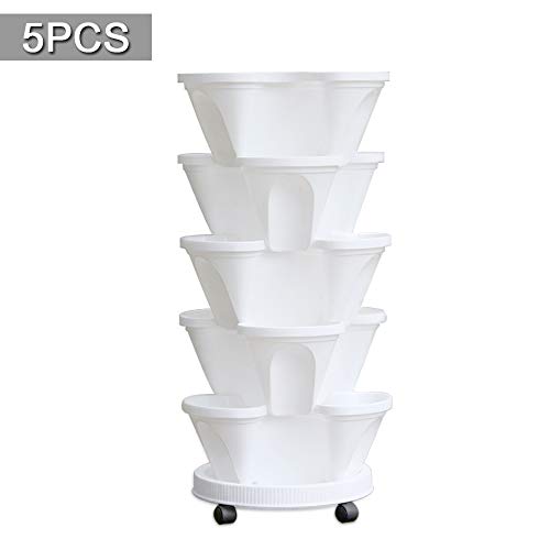 5 Tier Planter Stackable, FOME 5 Tier Strawberry Herb Garden Planter Stackable Gardening Pots Flower Tower Planter Garden Tower with Movable Pallet Caddy for Vegetable Strawberry Herbs