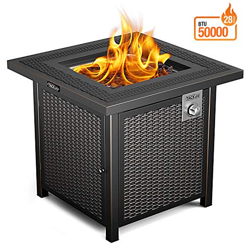 TACKLIFE Propane Fire Pit Table, Vine Embossing Steel Fire Table 28 Inch 50,000 BTU Auto-Ignition CSA Certified Gas Fire Pit with Top Lid, Winter Companion for Garden, Courtyard, Terrace, Balcony