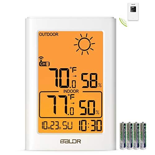 Weather Station, Indoor Outdoor Thermometer Hygrometer with Remote Sensor, Digital Wireless Temperature and Humidity Monitor with Weather Forecast, Date/Time Display, Alarm Clock, Backlight (Orange)