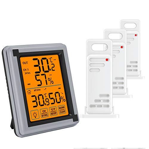 (Upgraded) Indoor Outdoor Thermometer, Digital Hygrometer Thermometer with 3 Sensor, Humidity Monitor Wireless with Touchscreen Backlighty, Humidity Gauge for Home, Office, Baby Room