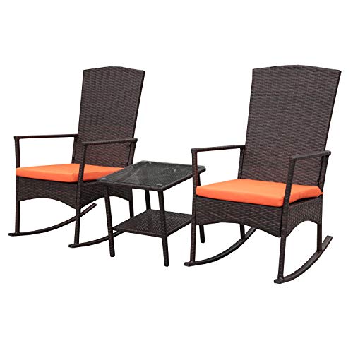 Rattaner Outdoor 3 Piece Wicker Rocking Chair Set Patio Bistro Set Conversation Furniture -2 Rocker Chair and Glass Coffee Side Table-Mix Brown Rattan& Orange Cushion