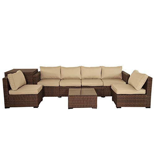 VALITA 6 Pieces Patio PE Wicker Furniture Set Outdoor Brown Rattan Sectional Conversation Sofa Chair with Storage Table and Beige Cushions